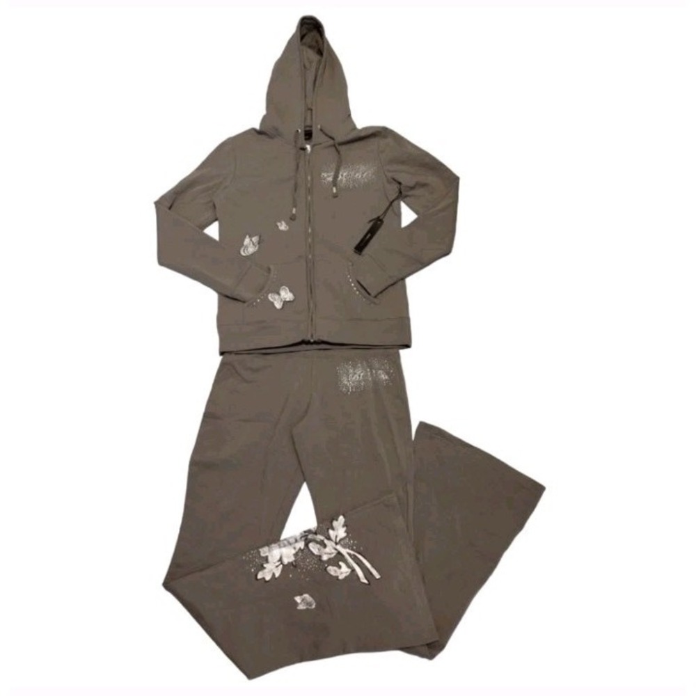 BCBGMAXAZRIA Rhinestone Silver Floral Track Suit Pants Hoodie Zip Up 2pc Y2K
